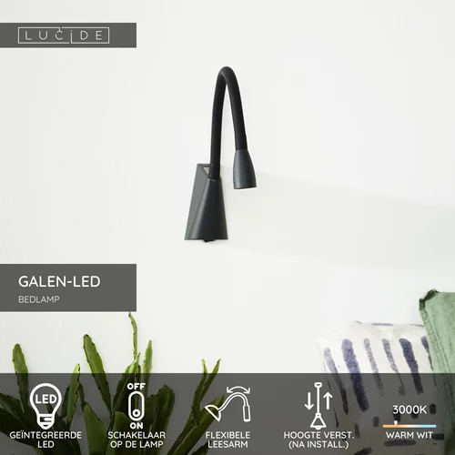 Lucide GALEN-LED - Bedlamp / Wandlamp - LED - 1x3W 3000K - Zwart - USP
